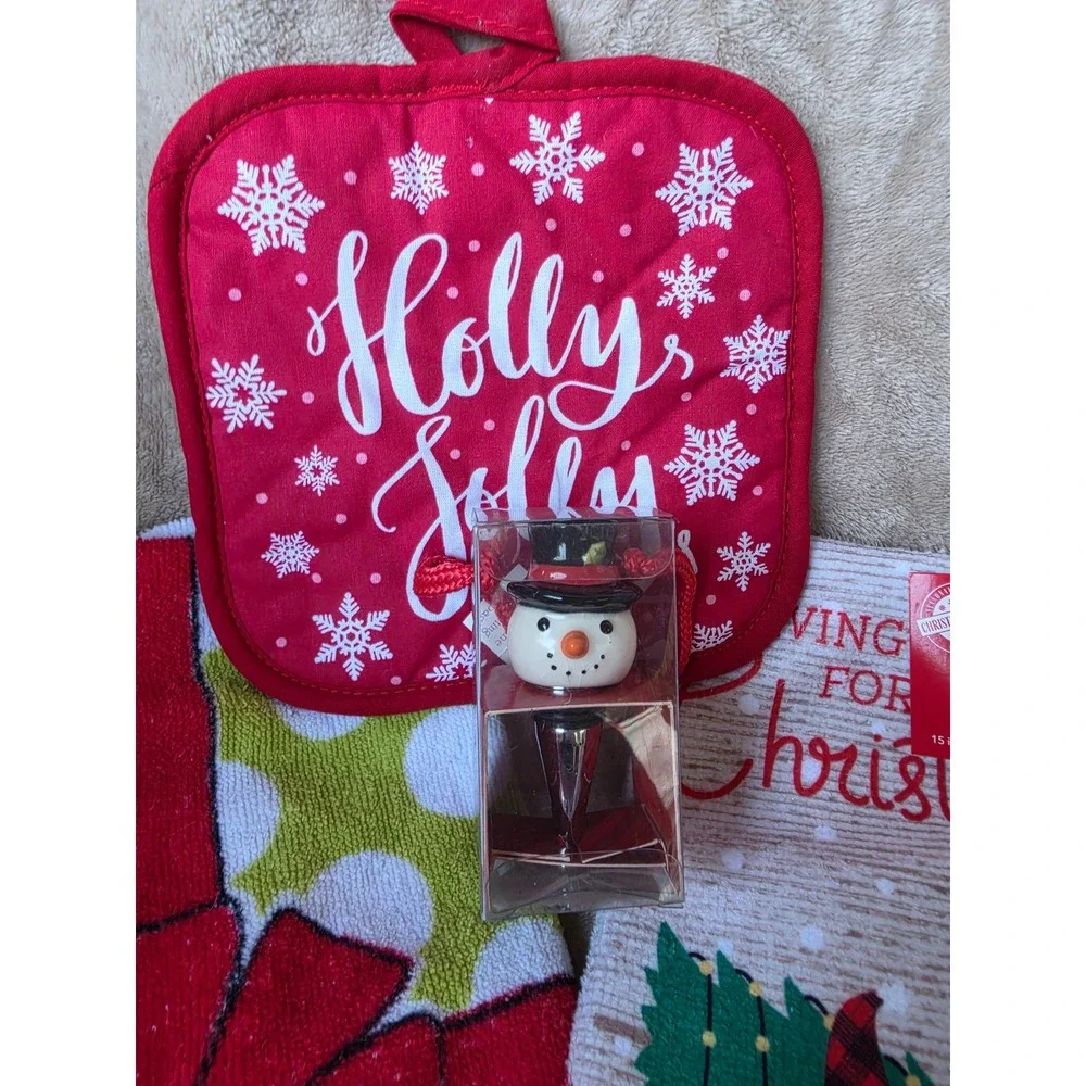 Christmas Kitchen Decor Set 6pc Gnomes Red Truck Towels Pot Holder Snowman Sign